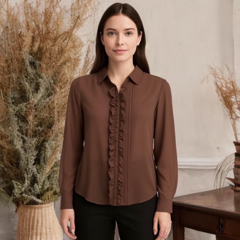 Vintage Oleg Cassini Long Sleeve Semi-Sheer Brown Ruffle Pleated Blouse Size 4